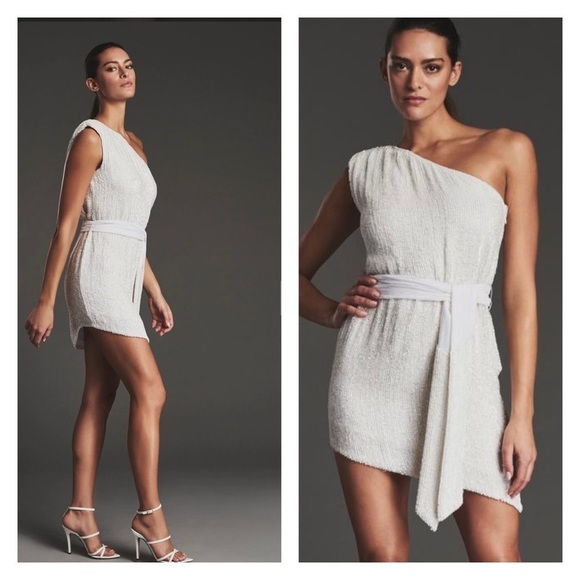 NEW RETROFETE Ella One Shoulder Sequin Mini Dress Tie Waist Moonglow White XS - Picture 5 of 12